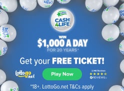 Get a Free Ticket on US Cash4Life Lotto at LottoGo Today. You could win $1,000 a Day for 20 years!
