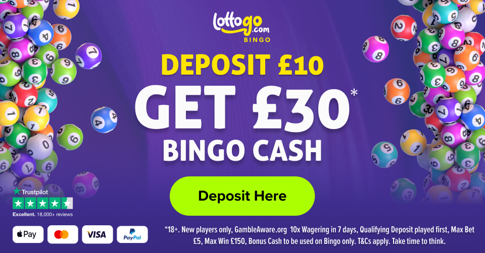 🎉 Play Online Bingo at LottoGo: Get £30* Bingo Bonus when you deposit £10!